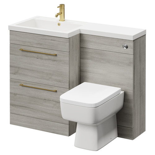 Napoli Combination Molina Ash 1100mm Vanity Unit Toilet Suite with Left Hand L Shaped 1 Tap Hole Basin and 2 Drawers with Brushed Brass Handles Right Hand Side View
