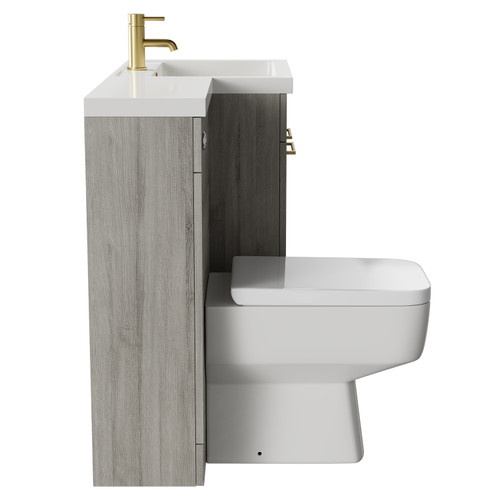 Napoli Combination Molina Ash 1100mm Vanity Unit Toilet Suite with Right Hand L Shaped 1 Tap Hole Basin and 2 Doors with Brushed Brass Handles Side on View