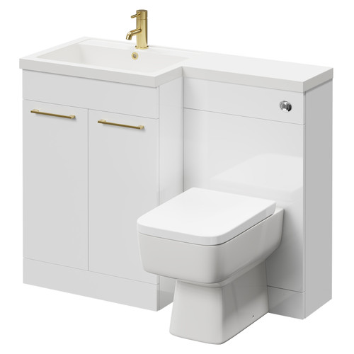 Napoli Combination Gloss White 1100mm Vanity Unit Toilet Suite with Left Hand L Shaped 1 Tap Hole Basin and 2 Doors with Brushed Brass Handles Right Hand Side View