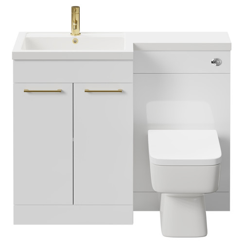 Napoli Combination Gloss White 1100mm Vanity Unit Toilet Suite with Left Hand L Shaped 1 Tap Hole Basin and 2 Doors with Brushed Brass Handles Front View