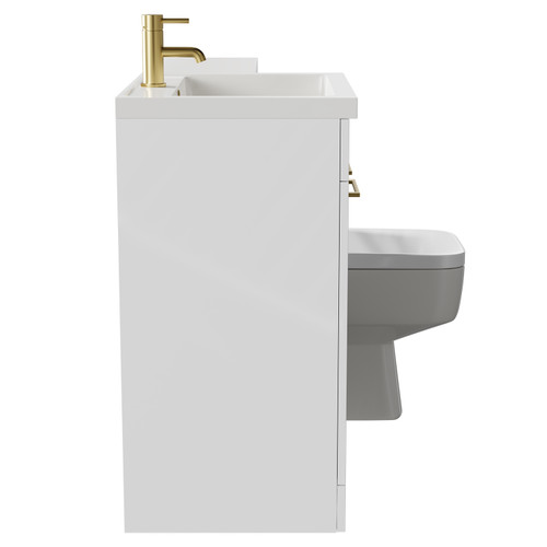 Napoli Combination Gloss White 1100mm Vanity Unit Toilet Suite with Left Hand L Shaped 1 Tap Hole Basin and 2 Doors with Brushed Brass Handles Side on View