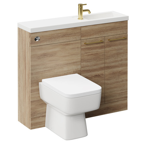 Napoli Combination Bordalino Oak 1000mm Vanity Unit Toilet Suite with Slimline 1 Tap Hole Basin and 2 Doors with Brushed Brass Handles Left Hand Side View