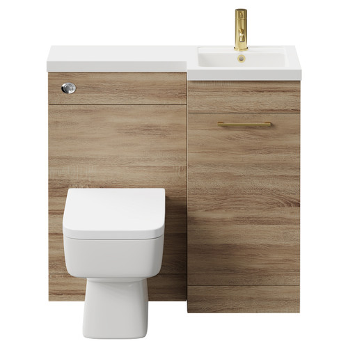Napoli Combination Bordalino Oak 900mm Vanity Unit Toilet Suite with Right Hand L Shaped 1 Tap Hole Basin and Single Door with Brushed Brass Handle Front View