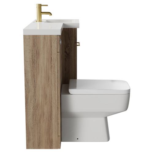 Napoli Combination Bordalino Oak 900mm Vanity Unit Toilet Suite with Right Hand L Shaped 1 Tap Hole Basin and Single Door with Brushed Brass Handle Side on View