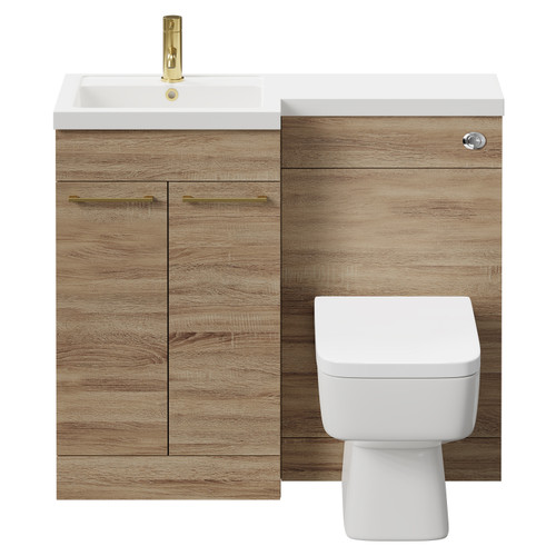 Napoli Combination Bordalino Oak 1000mm Vanity Unit Toilet Suite with Left Hand L Shaped 1 Tap Hole Basin and 2 Doors with Brushed Brass Handles Front View