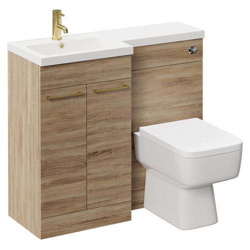Napoli Combination Bordalino Oak 1000mm Vanity Unit Toilet Suite with Left Hand L Shaped 1 Tap Hole Basin and 2 Doors with Brushed Brass Handles Left Hand Side View