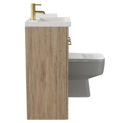 Napoli Combination Bordalino Oak 1000mm Vanity Unit Toilet Suite with Left Hand L Shaped 1 Tap Hole Basin and 2 Doors with Brushed Brass Handles Side on View