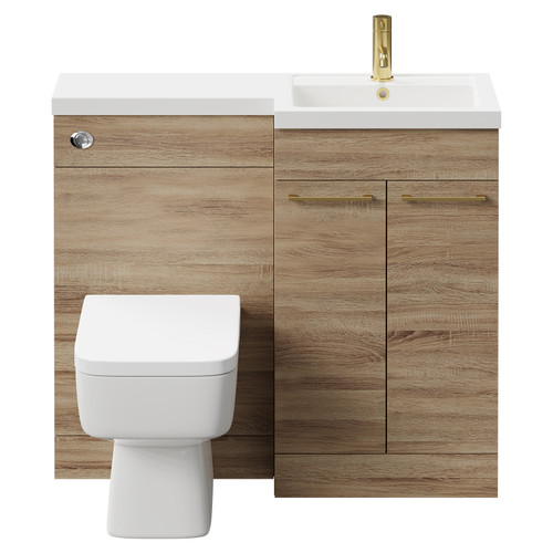 Napoli Combination Bordalino Oak 1000mm Vanity Unit Toilet Suite with Right Hand L Shaped 1 Tap Hole Basin and 2 Doors with Brushed Brass Handles Front View