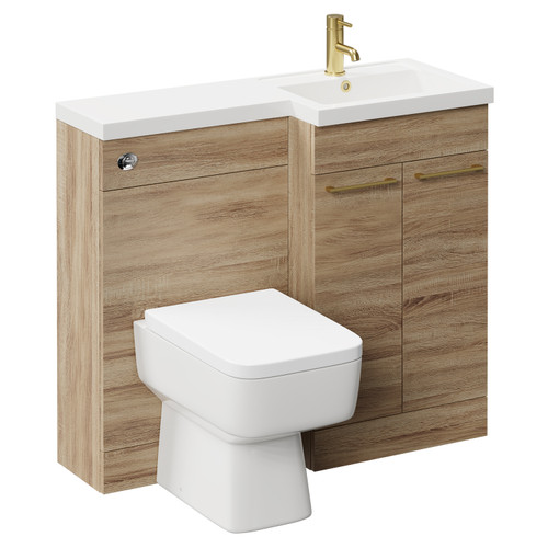Napoli Combination Bordalino Oak 1000mm Vanity Unit Toilet Suite with Right Hand L Shaped 1 Tap Hole Basin and 2 Doors with Brushed Brass Handles Left Hand Side View