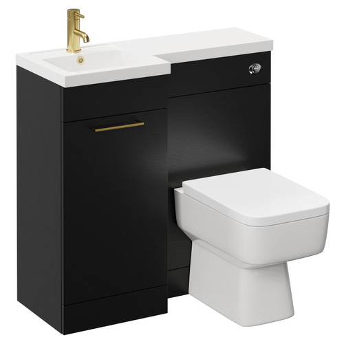 Napoli Combination Nero Oak 900mm Vanity Unit Toilet Suite with Left Hand L Shaped 1 Tap Hole Basin and Single Door with Brushed Brass Handle Left Hand Side View