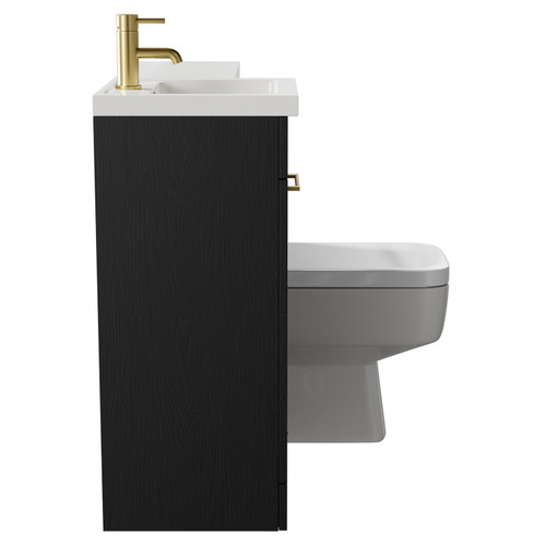 Napoli Combination Nero Oak 900mm Vanity Unit Toilet Suite with Left Hand L Shaped 1 Tap Hole Basin and Single Door with Brushed Brass Handle Side on View