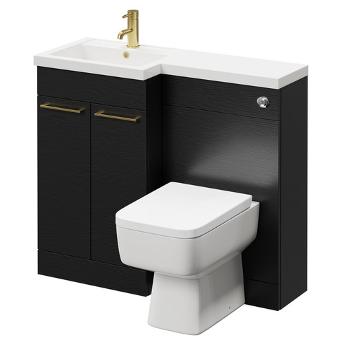 Napoli Combination Nero Oak 1000mm Vanity Unit Toilet Suite with Left Hand L Shaped 1 Tap Hole Basin and 2 Doors with Brushed Brass Handles Right Hand Side View