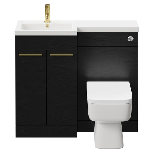 Napoli Combination Nero Oak 1000mm Vanity Unit Toilet Suite with Left Hand L Shaped 1 Tap Hole Basin and 2 Doors with Brushed Brass Handles Front View