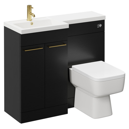 Napoli Combination Nero Oak 1000mm Vanity Unit Toilet Suite with Left Hand L Shaped 1 Tap Hole Basin and 2 Doors with Brushed Brass Handles Left Hand Side View