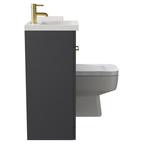 Napoli Combination Gloss Grey 900mm Vanity Unit Toilet Suite with Left Hand L Shaped 1 Tap Hole Basin and Single Door with Brushed Brass Handle Side on View