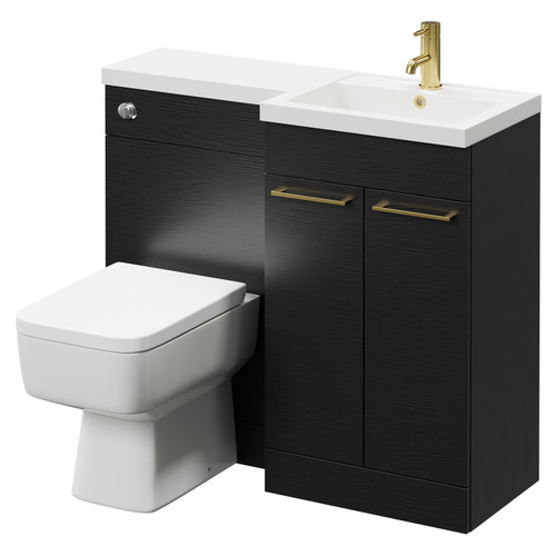 Napoli Combination Nero Oak 1000mm Vanity Unit Toilet Suite with Right Hand L Shaped 1 Tap Hole Basin and 2 Doors with Brushed Brass Handles Right Hand Side View