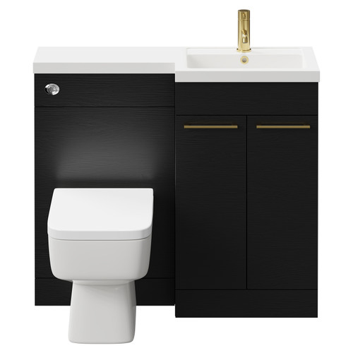 Napoli Combination Nero Oak 1000mm Vanity Unit Toilet Suite with Right Hand L Shaped 1 Tap Hole Basin and 2 Doors with Brushed Brass Handles Front View