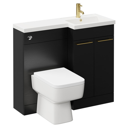 Napoli Combination Nero Oak 1000mm Vanity Unit Toilet Suite with Right Hand L Shaped 1 Tap Hole Basin and 2 Doors with Brushed Brass Handles Left Hand Side View