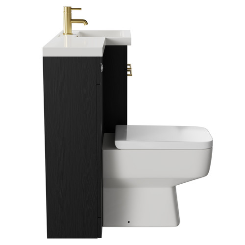 Napoli Combination Nero Oak 1000mm Vanity Unit Toilet Suite with Right Hand L Shaped 1 Tap Hole Basin and 2 Doors with Brushed Brass Handles Side on View