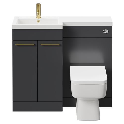 Napoli Combination Gloss Grey 1000mm Vanity Unit Toilet Suite with Left Hand L Shaped 1 Tap Hole Basin and 2 Doors with Brushed Brass Handles Front View