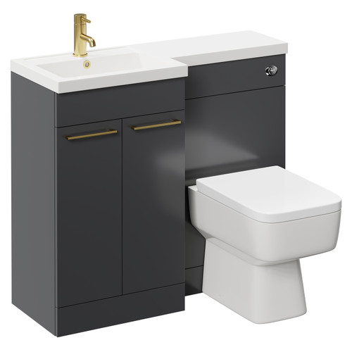 Napoli Combination Gloss Grey 1000mm Vanity Unit Toilet Suite with Left Hand L Shaped 1 Tap Hole Basin and 2 Doors with Brushed Brass Handles Left Hand Side View