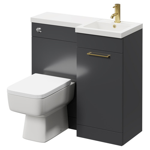 Napoli Combination Gloss Grey 900mm Vanity Unit Toilet Suite with Right Hand L Shaped 1 Tap Hole Basin and Single Door with Brushed Brass Handle Right Hand Side View