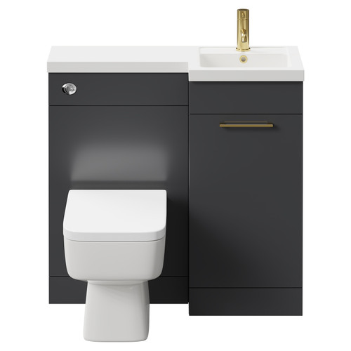 Napoli Combination Gloss Grey 900mm Vanity Unit Toilet Suite with Right Hand L Shaped 1 Tap Hole Basin and Single Door with Brushed Brass Handle Front View