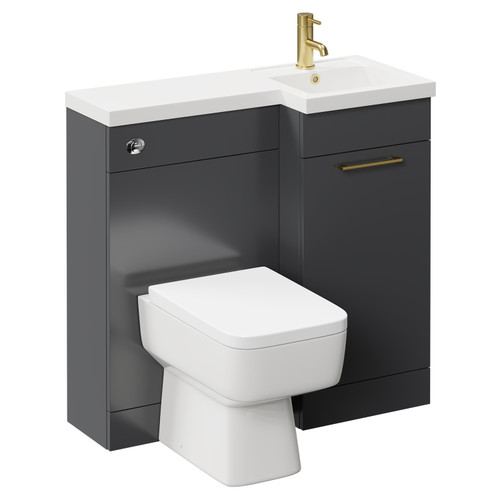 Napoli Combination Gloss Grey 900mm Vanity Unit Toilet Suite with Right Hand L Shaped 1 Tap Hole Basin and Single Door with Brushed Brass Handle Left Hand Side View