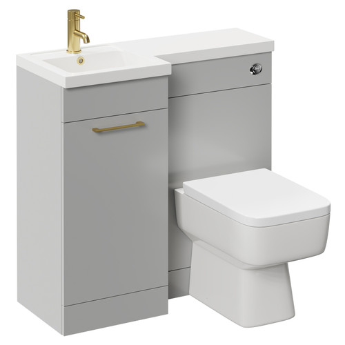 Napoli Combination Gloss Grey Pearl 900mm Vanity Unit Toilet Suite with Left Hand L Shaped 1 Tap Hole Basin and Single Door with Brushed Brass Handle Left Hand Side View