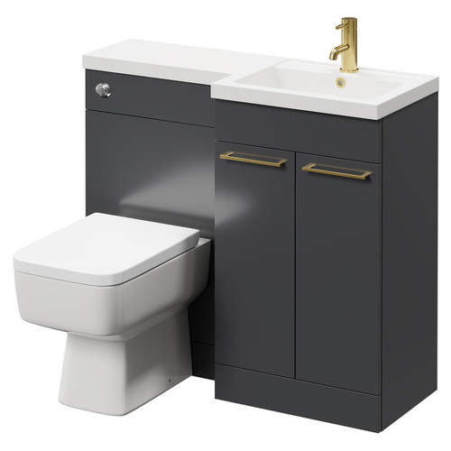 Napoli Combination Gloss Grey 1000mm Vanity Unit Toilet Suite with Right Hand L Shaped 1 Tap Hole Basin and 2 Doors with Brushed Brass Handles Right Hand Side View