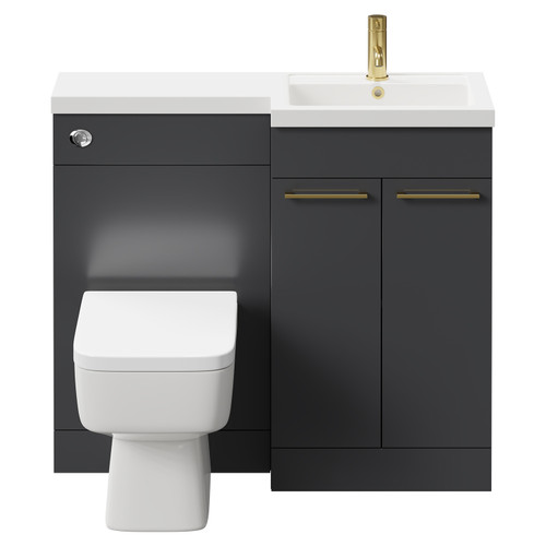 Napoli Combination Gloss Grey 1000mm Vanity Unit Toilet Suite with Right Hand L Shaped 1 Tap Hole Basin and 2 Doors with Brushed Brass Handles Front View