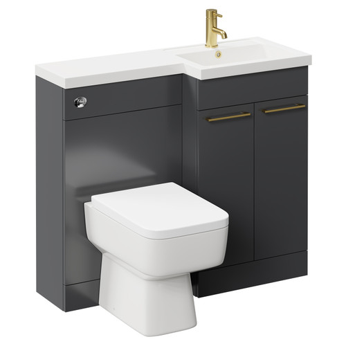 Napoli Combination Gloss Grey 1000mm Vanity Unit Toilet Suite with Right Hand L Shaped 1 Tap Hole Basin and 2 Doors with Brushed Brass Handles Left Hand Side View