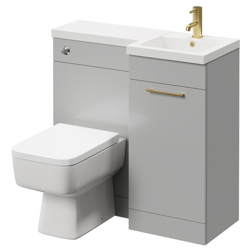 Napoli Combination Gloss Grey Pearl 900mm Vanity Unit Toilet Suite with Right Hand L Shaped 1 Tap Hole Basin and Single Door with Brushed Brass Handle Right Hand Side View