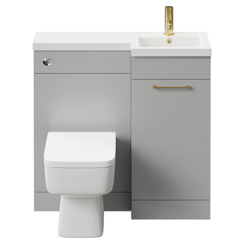 Napoli Combination Gloss Grey Pearl 900mm Vanity Unit Toilet Suite with Right Hand L Shaped 1 Tap Hole Basin and Single Door with Brushed Brass Handle Front View