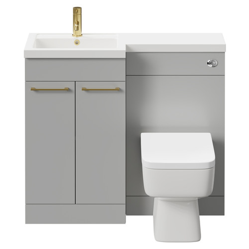Napoli Combination Gloss Grey Pearl 1000mm Vanity Unit Toilet Suite with Left Hand L Shaped 1 Tap Hole Basin and 2 Doors with Brushed Brass Handles Front View