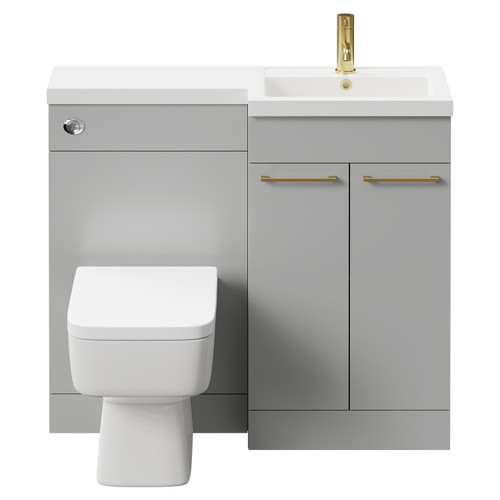 Napoli Combination Gloss Grey Pearl 1000mm Vanity Unit Toilet Suite with Right Hand L Shaped 1 Tap Hole Basin and 2 Doors with Brushed Brass Handles Front View