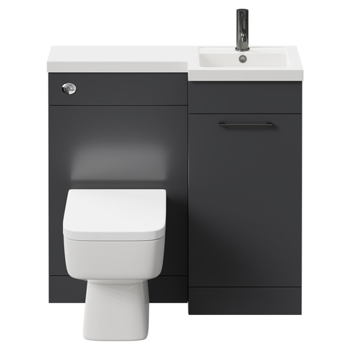 Napoli Combination Gloss Grey 900mm Vanity Unit Toilet Suite with Right Hand L Shaped 1 Tap Hole Basin and Single Door with Gunmetal Grey Handle Front View