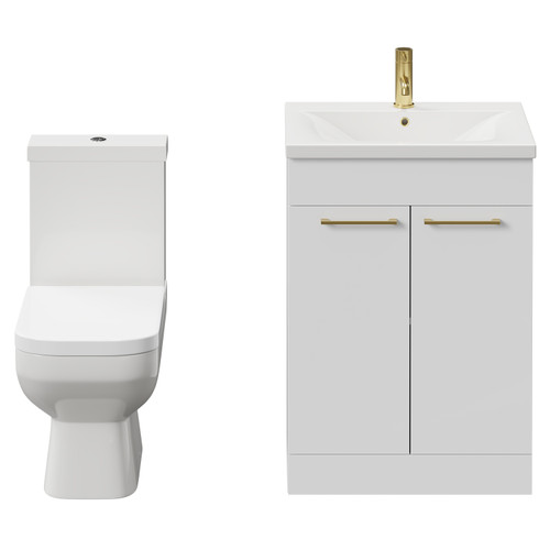 Turin Gloss White 600mm Floor Standing Vanity Unit and Toilet Suite with 1 Tap Hole Basin and 2 Doors with Brushed Brass Handles Front View