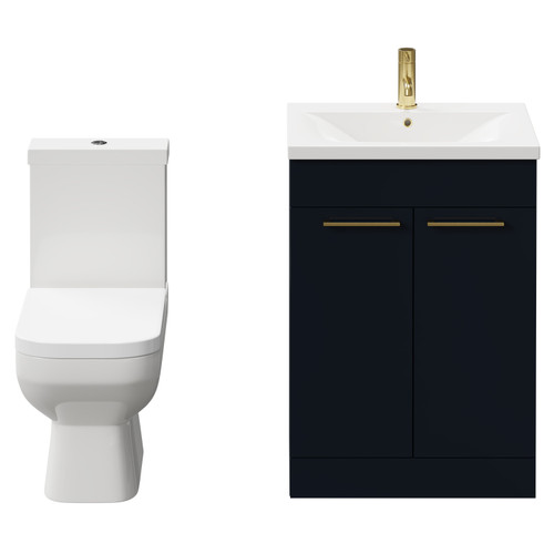 Turin Gloss White 600mm Floor Standing Vanity Unit and Toilet Suite with 1 Tap Hole Basin and 2 Doors with Brushed Brass Handles Front View