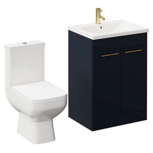 Turin Gloss White 600mm Floor Standing Vanity Unit and Toilet Suite with 1 Tap Hole Basin and 2 Doors with Brushed Brass Handles Left Hand View