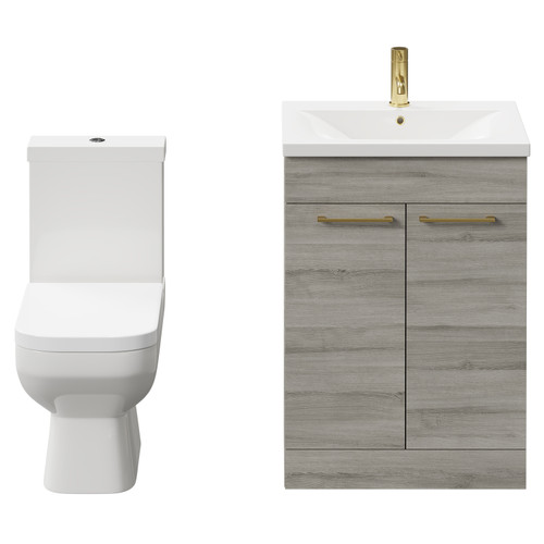 Turin Molina Ash 600mm Floor Standing Vanity Unit and Toilet Suite with 1 Tap Hole Basin and 2 Doors with Brushed Brass Handles Front View