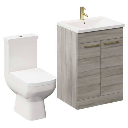 Turin Molina Ash 600mm Floor Standing Vanity Unit and Toilet Suite with 1 Tap Hole Basin and 2 Doors with Brushed Brass Handles Left Hand View