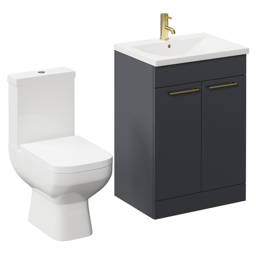 Turin Gloss Grey 600mm Floor Standing Vanity Unit and Toilet Suite with 1 Tap Hole Basin and 2 Doors with Brushed Brass Handles Left Hand View