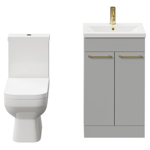 Turin Gloss Grey Pearl 500mm Floor Standing Vanity Unit and Toilet Suite with 1 Tap Hole Basin and 2 Doors with Brushed Brass Handles Front View