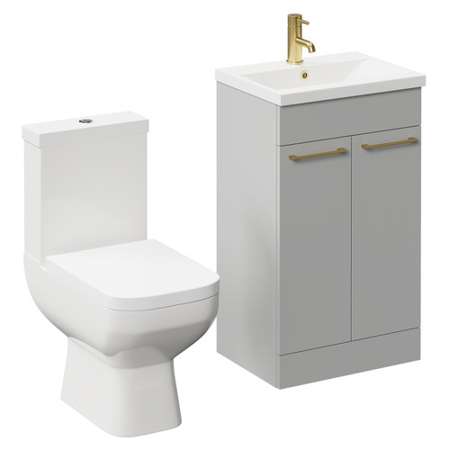 Turin Gloss Grey Pearl 500mm Floor Standing Vanity Unit and Toilet Suite with 1 Tap Hole Basin and 2 Doors with Brushed Brass Handles Left Hand View