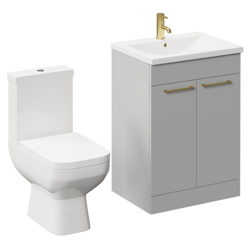Turin Gloss Grey Pearl 600mm Floor Standing Vanity Unit and Toilet Suite with 1 Tap Hole Basin and 2 Doors with Brushed Brass Handles Left Hand View