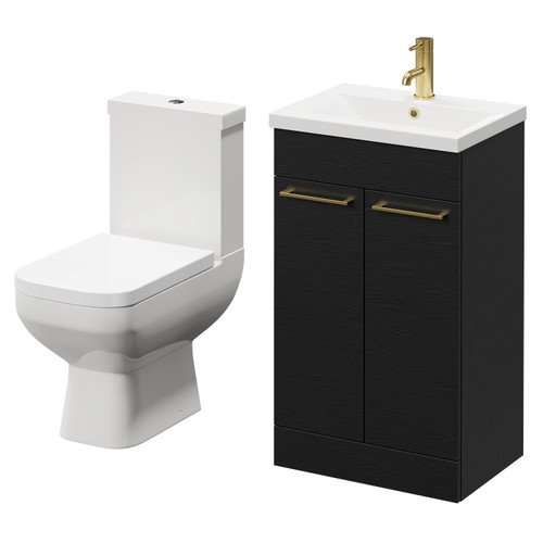 Turin Nero Oak 500mm Floor Standing Vanity Unit and Toilet Suite with 1 Tap Hole Basin and 2 Doors with Brushed Brass Handles Right Hand View