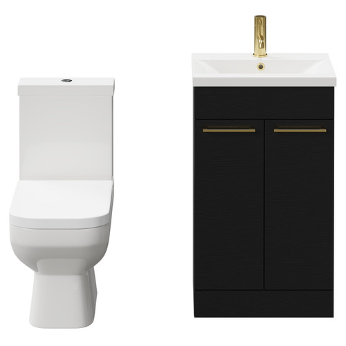 Turin Nero Oak 500mm Floor Standing Vanity Unit and Toilet Suite with 1 Tap Hole Basin and 2 Doors with Brushed Brass Handles Front View