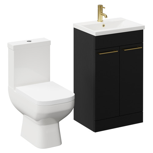 Turin Nero Oak 500mm Floor Standing Vanity Unit and Toilet Suite with 1 Tap Hole Basin and 2 Doors with Brushed Brass Handles Left Hand View