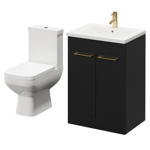 Turin Nero Oak 600mm Floor Standing Vanity Unit and Toilet Suite with 1 Tap Hole Basin and 2 Doors with Brushed Brass Handles Right Hand View